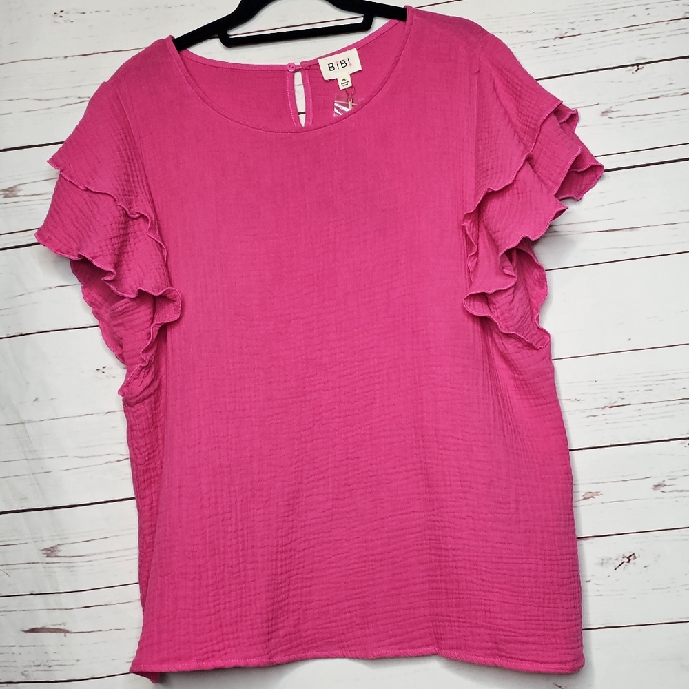 BiBi Pink Ruffle Sleeve Gauze Top - Picture 2 of 11